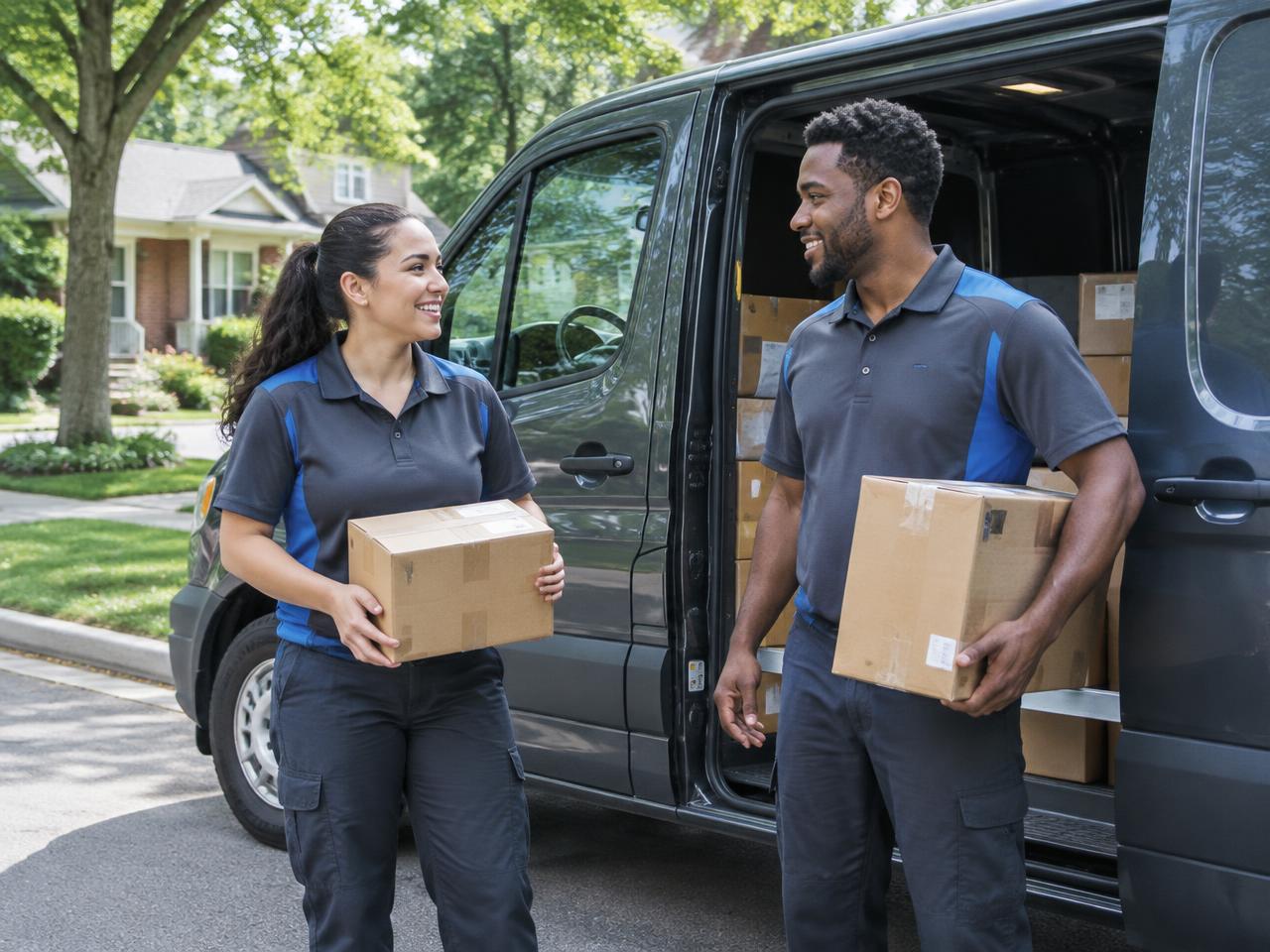 Delivery teammates working together beside a cargo van